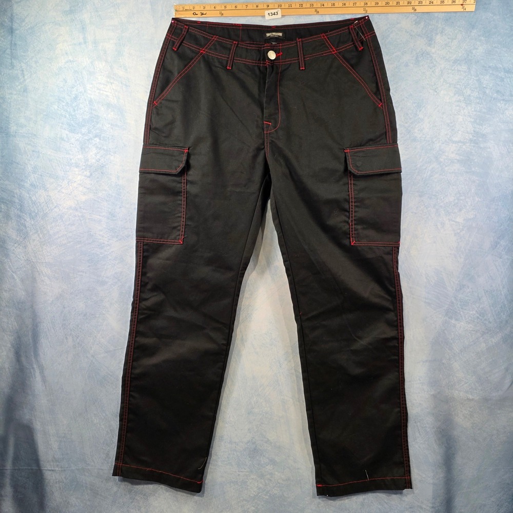 True Religion Mens Black Red Contrast Stitch Cargo Pants Straight Leg Size 36